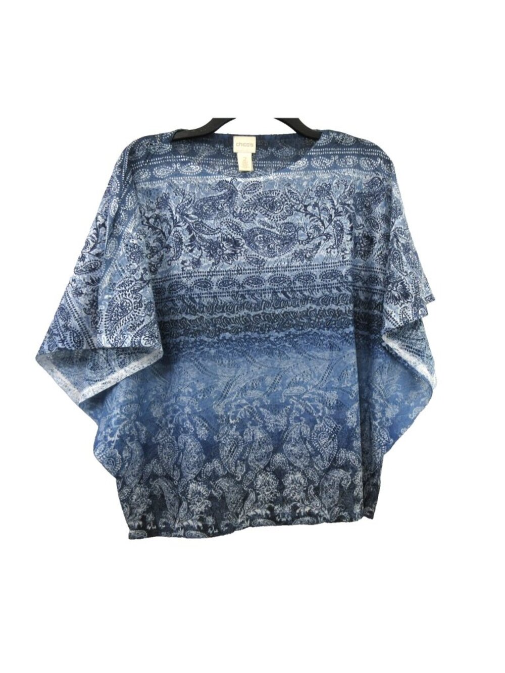 Chicos Women Top Sz 2 Blue Paisley Blouse Pullover Dolman Short Sleeve Open Knit